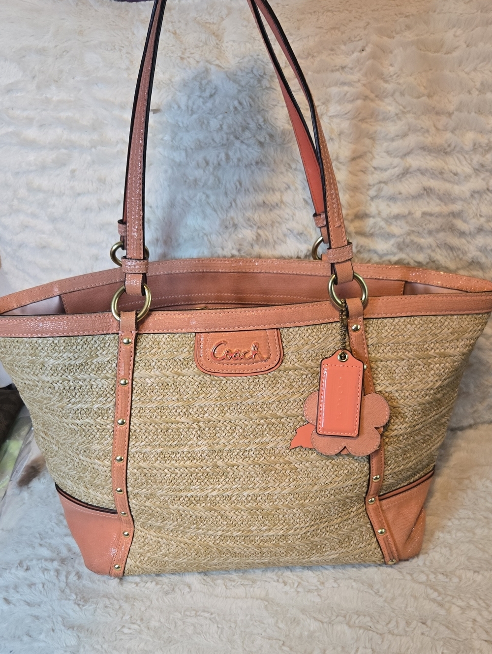 Coach Straw Tote with Coral Leather Trim Amazing Original Hangtag